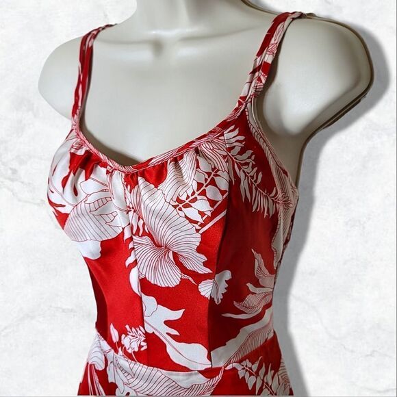 Andrade Honolulu Hawaiian Vintage 1970's Floral Red & White Spaghetti Mini Dress - Picture 3 of 6